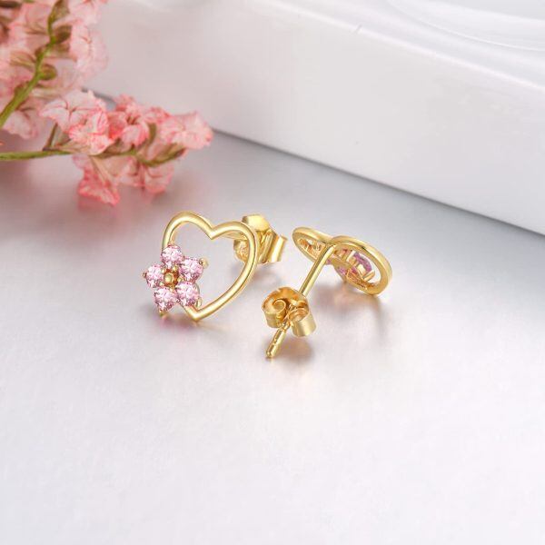 14K Solid Gold Heart Stud Earrings with October Birthstone-3