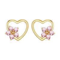 wholesale 14K Gold Pink Crystal Heart Flower Stud Earrings for Women Girls Gifts- Gold Plated