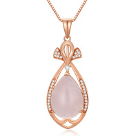 wholesale Rose Gold Plated Teardrop Rose Quartz Pendant Necklace with CZ Accents for Women- Rose Gold Plated