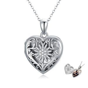 Sterling Silver Sunflower Heart Locket Necklace-0