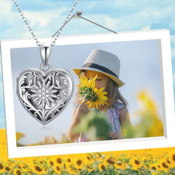 Sterling Silver Sunflower Heart Locket Necklace-4