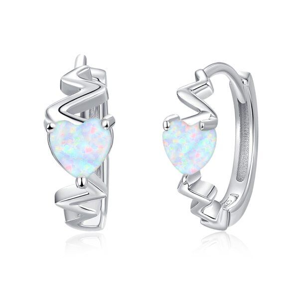 Sterling Silver October Birthstone Heart Opal Hoop Earrings-0