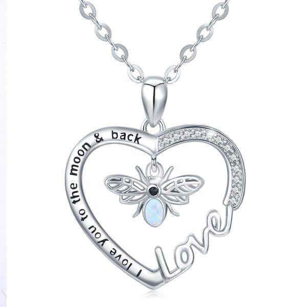 Sterling Silver Bee Heart Pendant Necklace with Opal-0