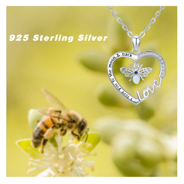 Sterling Silver Bee Heart Pendant Necklace with Opal-5