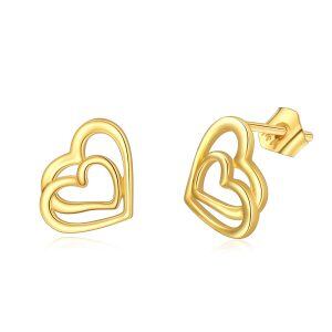 14K Solid Gold Double Heart Stud Earrings-0