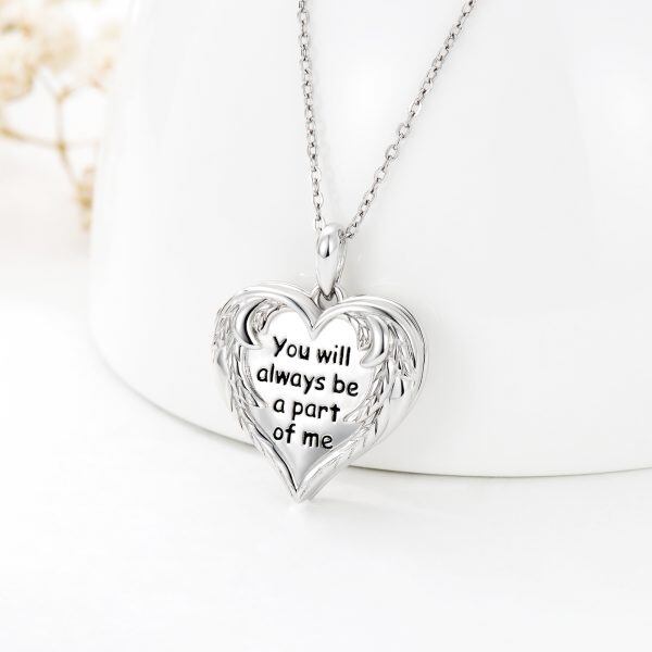 Sterling Silver Angel Wing Heart Locket Necklace-3