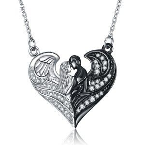 Sterling Silver Black and White Couples Heart Pendant Necklace-0