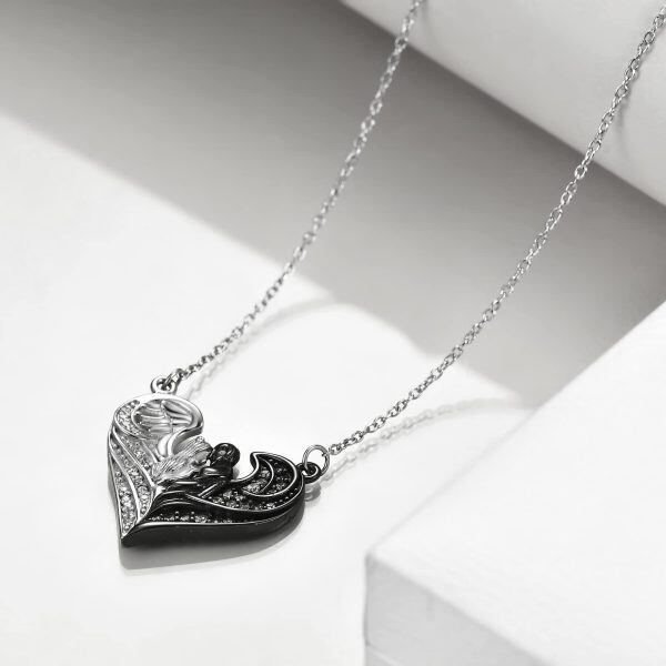 Sterling Silver Black and White Couples Heart Pendant Necklace-3