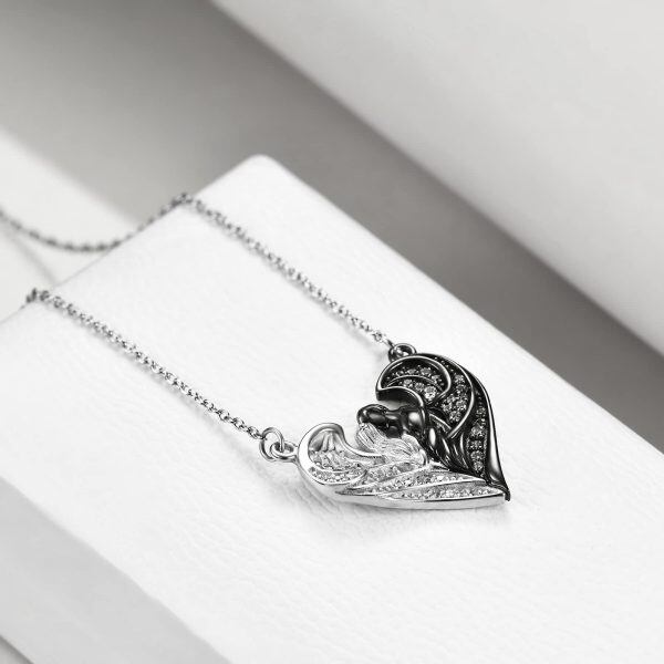 Sterling Silver Black and White Couples Heart Pendant Necklace-4