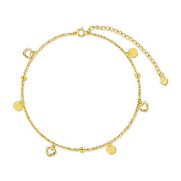 14K Solid Gold Hollow Heart Beaded Ankle Bracelets-0