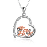 wholesale 925 Sterling Silver Heart-Shaped Fox Family Necklace with Crystal Accents and Engraved Message I Love You Forever Perfect Gift for Women & Girls- Rhodium And Rose Gold Plated