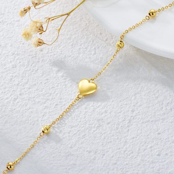 14K Solid Gold Heart Beaded Chain Bracelets-4