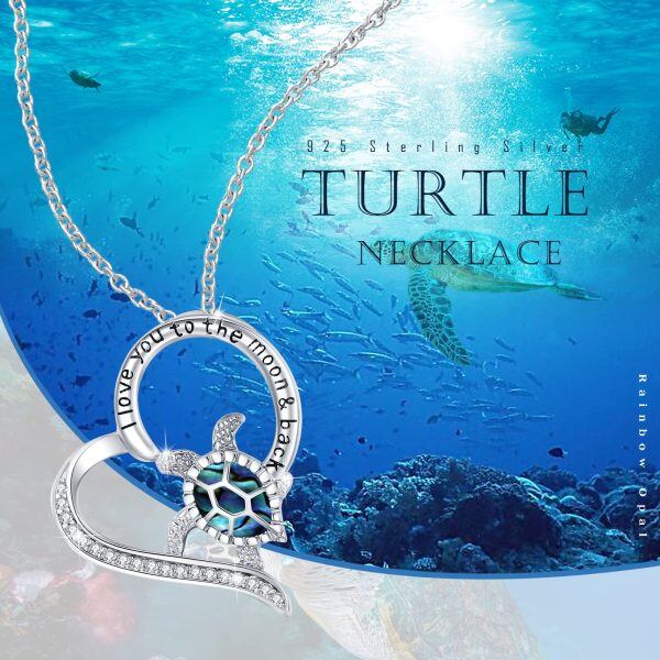 Sterling Silver Abalone Shell Sea Turtle Heart Pendant Necklace-5