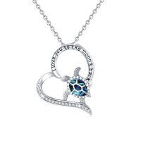wholesale 925 Sterling Silver Abalone Shell & CZ Sea Turtle Heart Pendant Necklaces for Women - I love you to the moon- Rhodium Plated
