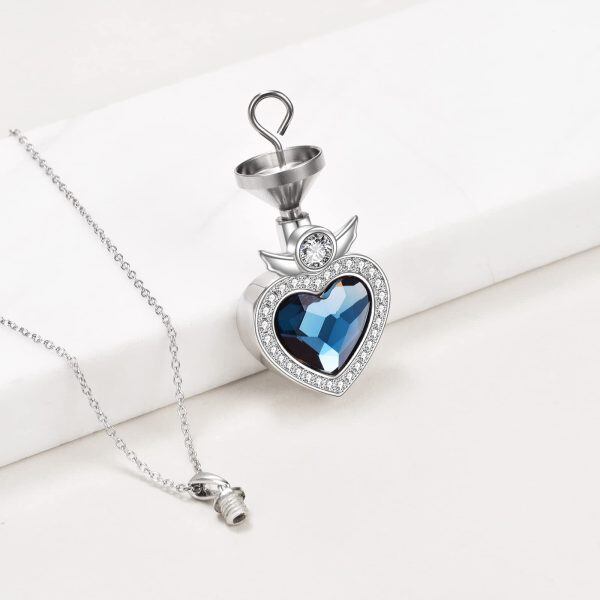 Sterling Silver Angel Wing Heart Crystal Urn Necklace-3