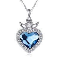 wholesale 925 Sterling Silver Blue Crystal Heart with Angel Wings Cremation Keepsake Pendant Necklace- Rhodium Plated