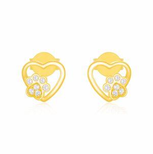 14K Solid Gold Dog Paw Print Heart Stud Earrings-0