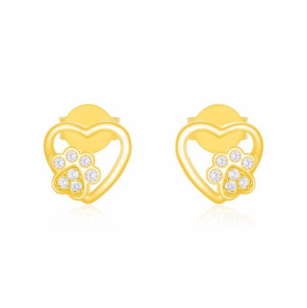 14K Solid Gold Dog Paw Print Heart Stud Earrings-0