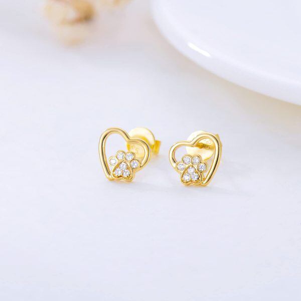 14K Solid Gold Dog Paw Print Heart Stud Earrings-3