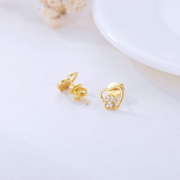 14K Solid Gold Dog Paw Print Heart Stud Earrings-4