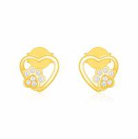 wholesale 14K Gold Heart-Shaped Studs with Crystal Paw Prints - For Women & Teen Girls' Pet Lover Gifts- Gold Plated