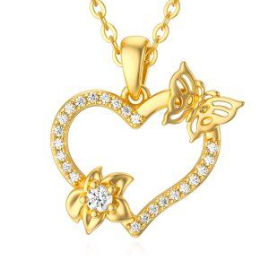 14K Solid Gold Butterfly Flower Heart Choker Necklaces-0