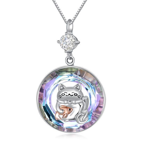 Sterling Silver Lucky Cat Pendant Necklace with Circle Crystal-0