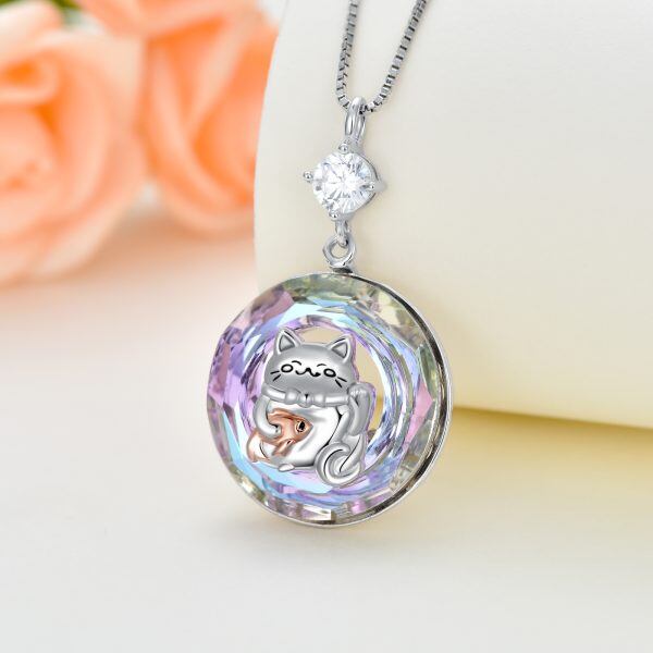 Sterling Silver Lucky Cat Pendant Necklace with Circle Crystal-3