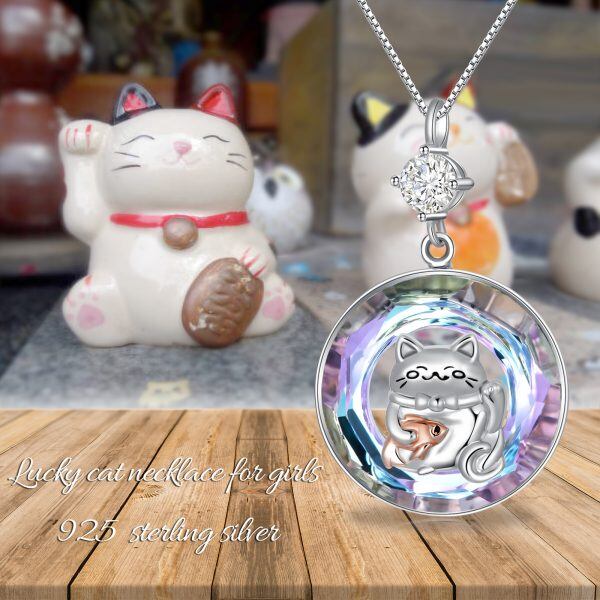 Sterling Silver Lucky Cat Pendant Necklace with Circle Crystal-5