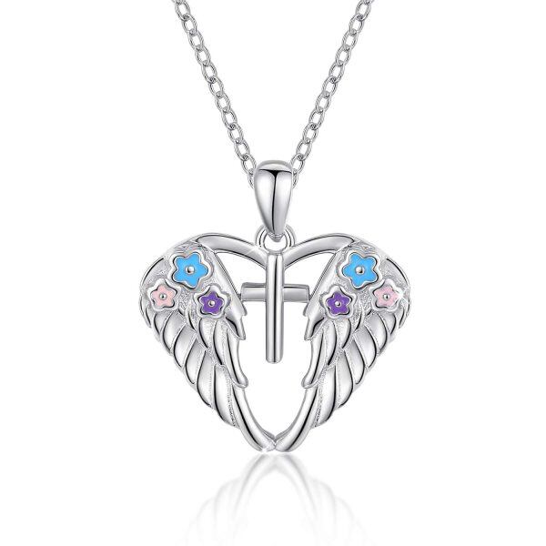 Sterling Silver Guardian Angel Wing Heart Pendant Necklace-0