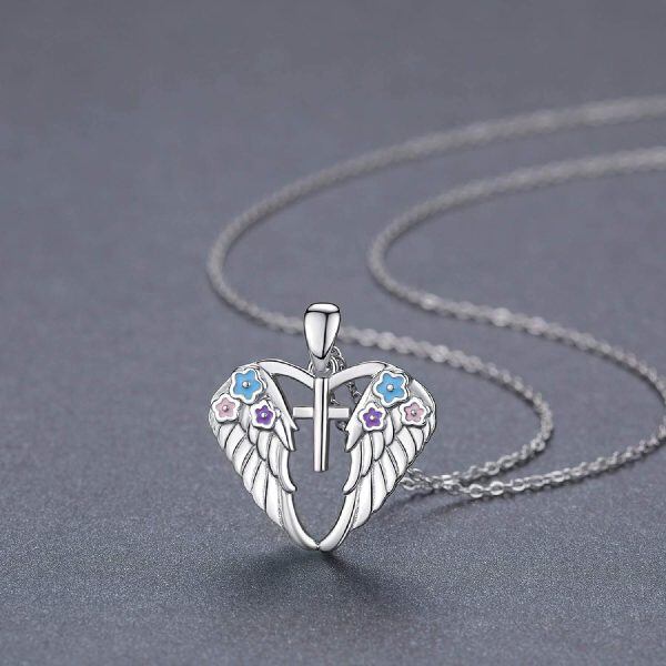 Sterling Silver Guardian Angel Wing Heart Pendant Necklace-4