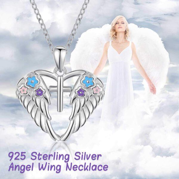 Sterling Silver Guardian Angel Wing Heart Pendant Necklace-5