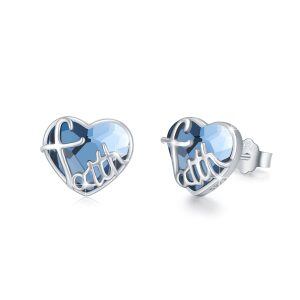 Sterling Silver Faith Heart Crystal Stud Earrings-0