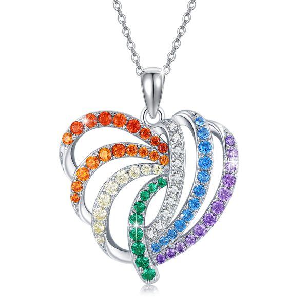 Sterling Silver Rainbow Heart Pendant Necklace-0