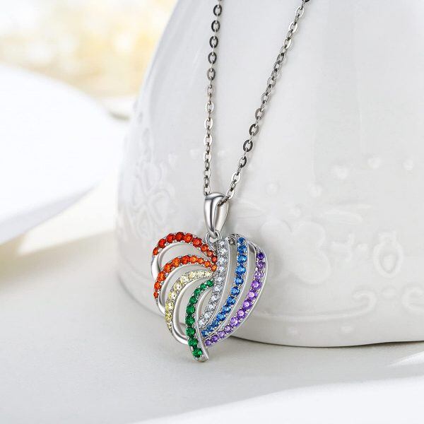 Sterling Silver Rainbow Heart Pendant Necklace-4