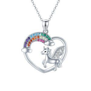 Sterling Silver Unicorn Rainbow Heart Pendant Necklace-0