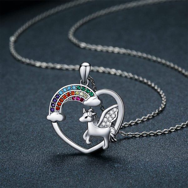 Sterling Silver Unicorn Rainbow Heart Pendant Necklace-4