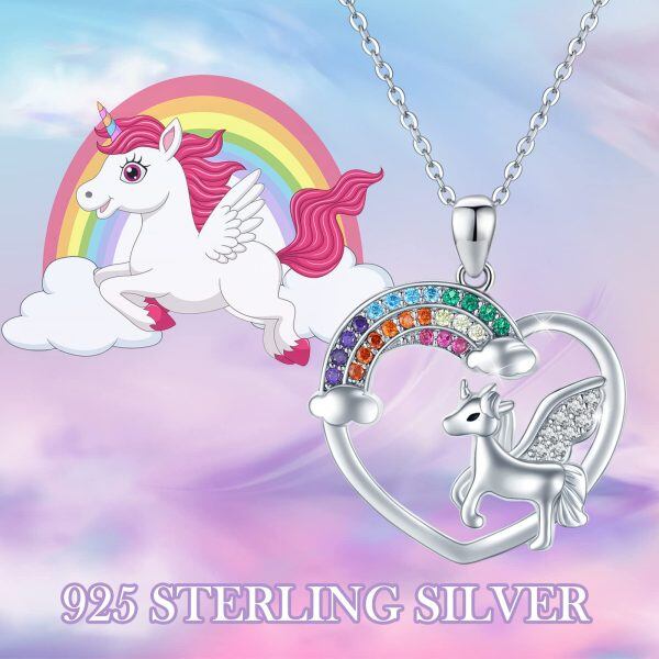 Sterling Silver Unicorn Rainbow Heart Pendant Necklace-5