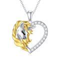 wholesale 925 Sterling Silver & 18K Gold Plated Unicorn Head in Heart Shape Pendant Necklace w/ Cubic Zirconia Stones for Women and Girls-0-0
