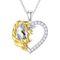 wholesale 925 Sterling Silver & 18K Gold Plated Unicorn Head in Heart Shape Pendant Necklace w/ Cubic Zirconia Stones for Women and Girls- Rhodium And Gold Plated