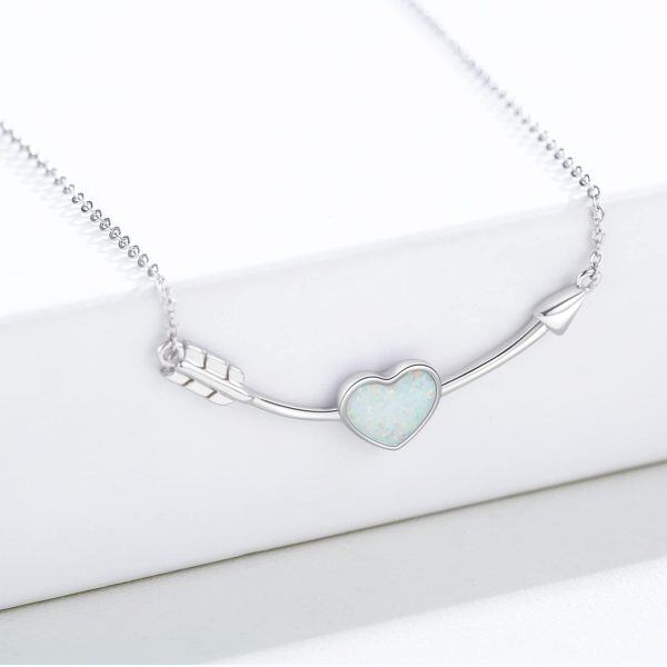 Sterling Silver Opal Heart Arrow Pendant Necklace-4