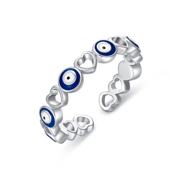 Sterling Silver Blue Turkish Eye Heart Adjustable Rings-0