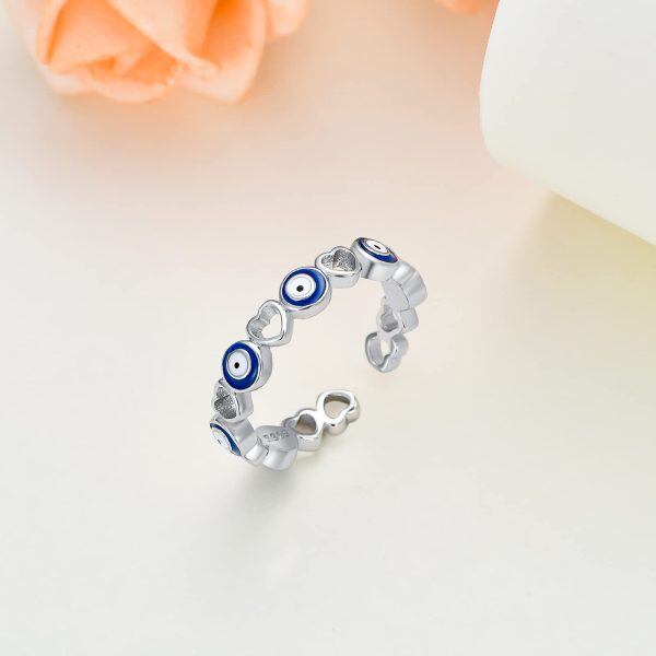 Sterling Silver Blue Turkish Eye Heart Adjustable Rings-3