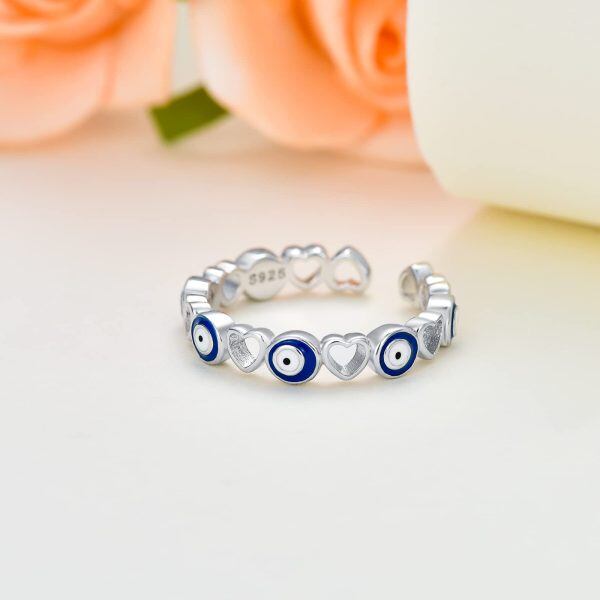 Sterling Silver Blue Turkish Eye Heart Adjustable Rings-4