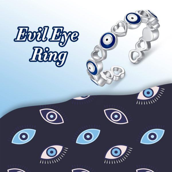 Sterling Silver Blue Turkish Eye Heart Adjustable Rings-5