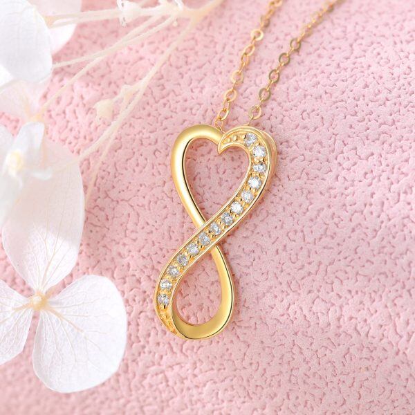 14K Solid Gold Nature Diamond Infinity Heart Pendant Necklace-3