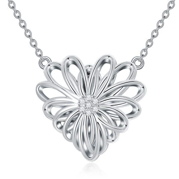 Sterling Silver 1/10 ctw I2-I3 Clarity Diamonds Hollow-out Heart Sunflower Pendant Necklace-0