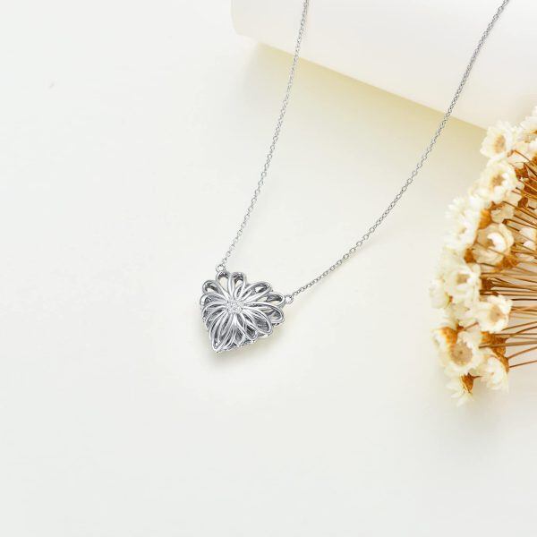 Sterling Silver 1/10 ctw I2-I3 Clarity Diamonds Hollow-out Heart Sunflower Pendant Necklace-4