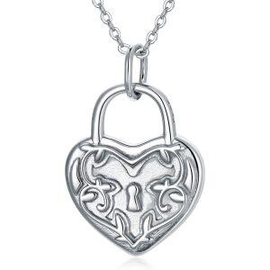 Sterling Silver Victoria Lock Heart Pendant Necklace-0