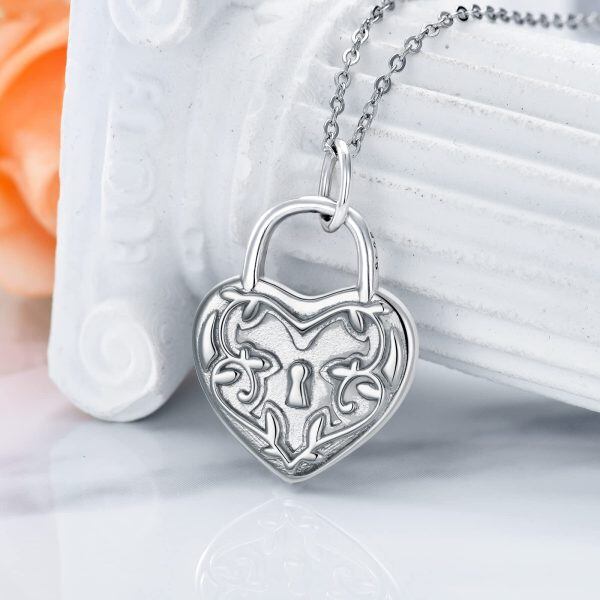 Sterling Silver Victoria Lock Heart Pendant Necklace-3